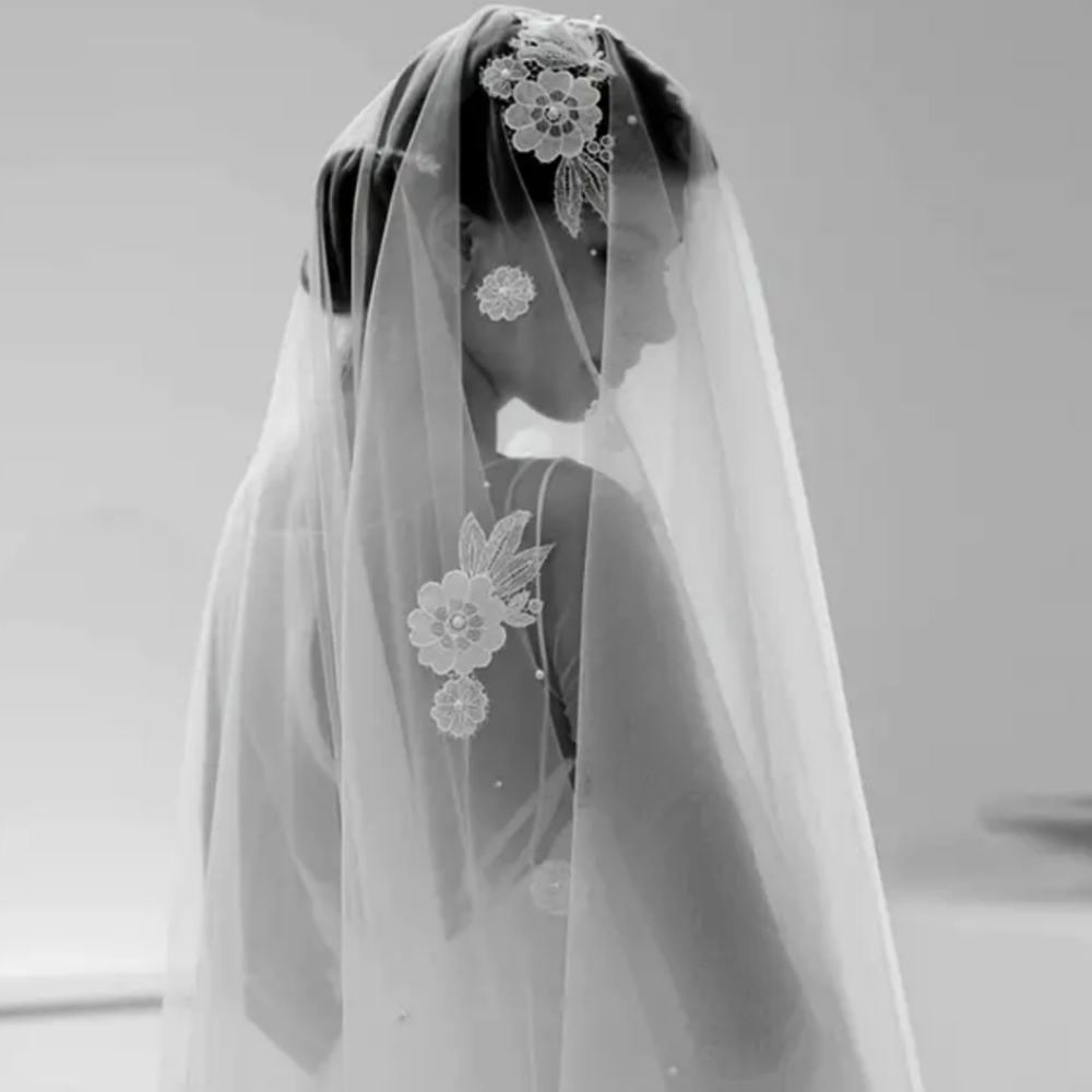 Beautiful two tiered veil with delicate lace, pearls On blusher